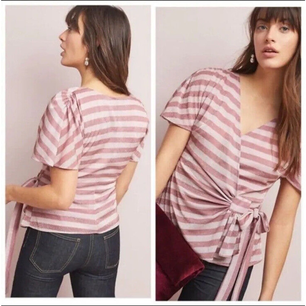 NWT Anthropologie Sweetwater Pink Striped Shimmer Wrap Blouse Top L